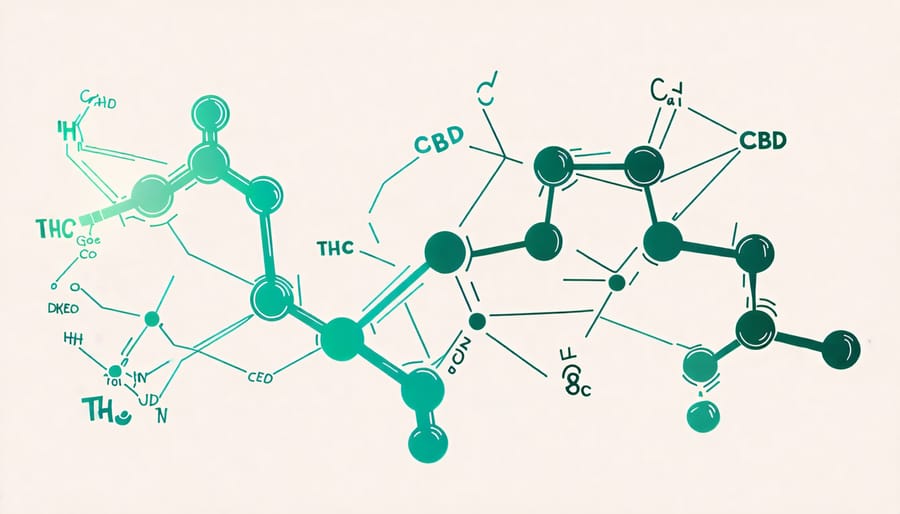 Molecular structures of THC and CBD with labels