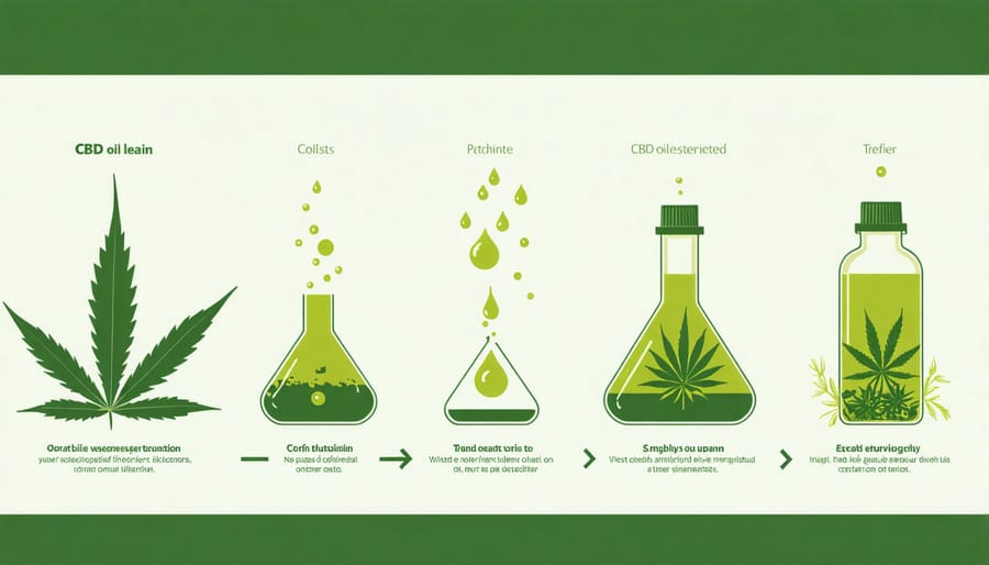 Diagram of CBD oil extraction, showing hemp plants and oil extraction process